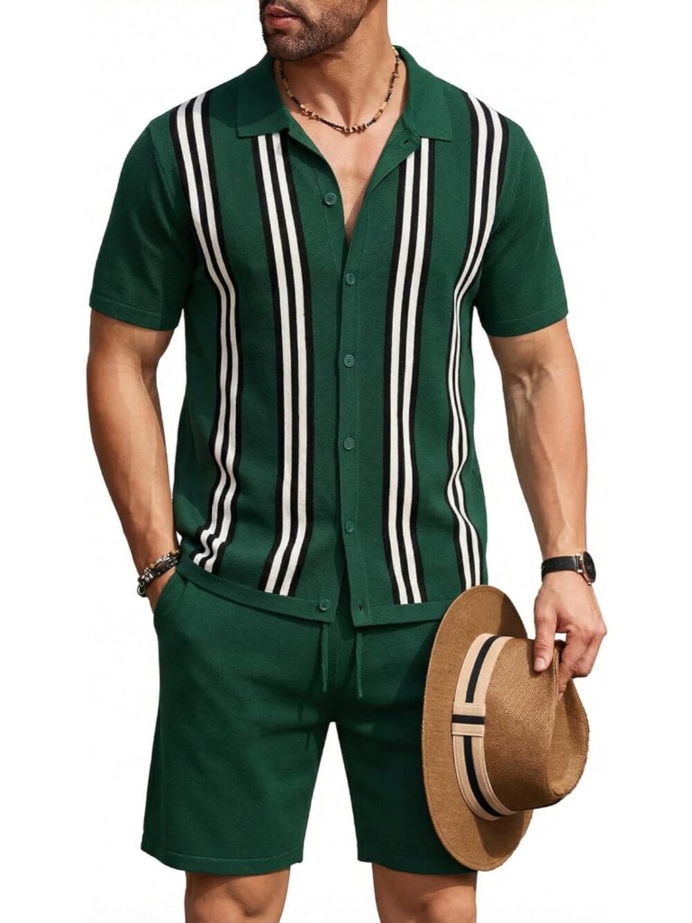 Coofandy Men's Green Stripes Vintage Short Sleeve Button Down Knit Polo Shirts